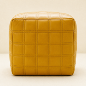 Mustard Yellow Modern Quilted Leather Pouf Ottoman Cube Stitched Grid Pattern Soft Cushion Seating Apartment Living Room - Product Image 2