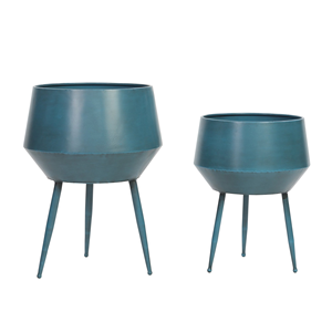 Pots de fleurs modernes en métal bleu sarcelle avec supports trépieds assortis, porte-fleurs colorés pour jardin intérieur, extérieur, patio, balcon - Product Image 2