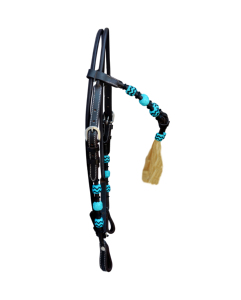 Cabezada de cuero marrón para caballo con cuero crudo turquesa trenzado a mano, ajustable, con nudos ecuestres y borla de pelo 90 - Product Image 3