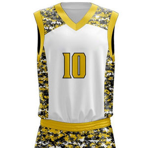Custom Men's Basketball Uniform White Yellow <b>Camouflage</b> Print V-Neck Quick Dry Sporty Jersey Set Summer Wear - Product Image 6
