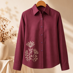 Camisa de Manga Larga de Algodón Color Granate para Mujer, Blusa Casual con Botones y Bordado Floral Blanco para Venta al por Mayor B2B - Product Image 3