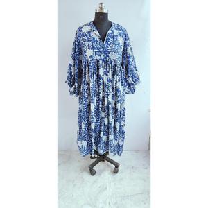 Women's Blue <b>White</b> Floral Handprint Cotton Midi Dress With Tie-Neck And Short Puff Sleeve Boho Summer Dress - Product Image 1
