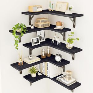 Set di 5 Mensole Angolari in Legno Rustico da Parete, Nere, per Bagno, Cucina, Camera da Letto, Lavanderia, Soggiorno, Armadio - Product Image 1
