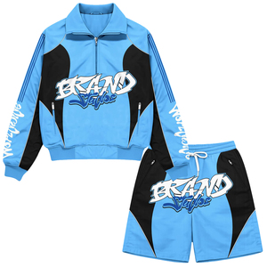 Conjunto Deportivo Personalizado para Hombre, Chaqueta con Cierre y Pantalones Cortos Azul/Negro, Secado Rápido, Poliéster/Nailon, Cortavientos - Product Image 1