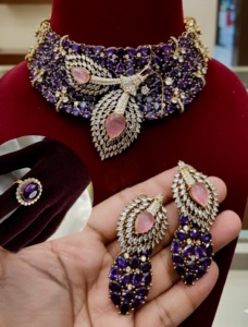 Luxury Premium Quality Gold Plated Beads Wedding Moissanite Doublet Choker <b>Necklace</b> with Earrings & Adjustable <b>Ring</b> Set - Product Image 2