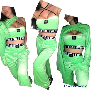 Custom Women Velvet Three Piece Tracksuit Set Sexy Tube Top Flare Pants <b>Bell</b> Sleeve Crop Shrug Lounge Wear - Product Image 2