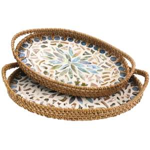 Plateau de service artisanal en nacre et rotin, écologique, élégant, avec incrustation mosaïque, style bohème moderne, pour la décoration de la maison, compatible lave-vaisselle et micro-ondes - Product Image 4