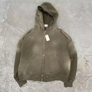 Sweat-shirt à capuche zippé unisexe en molleton 100 % coton, délavé à l'acide, broderie vieillie, manches longues, coupe ample, haute qualité, vente en gros - Product Image 5