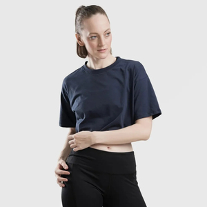 Camiseta Corta Azul Marino para Mujer, Cuello Redondo, Manga Corta, Color Sólido, Informal, Tejida, Corte Regular, Primavera Verano - Product Image 4
