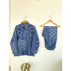 Blue Geometric Cotton Bohemian Pajama Set Long Sleeve Regular Fit V-neck Printed Breathable Eco-Friendly All Seasons Casual Wear - Product Image 5