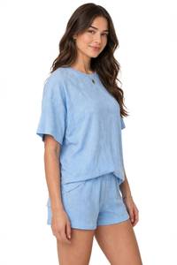 Conjunto de Top de Manga Corta y Pantalones Cortos de Punto Acanalado Azul Claro para Mujer, Ropa Casual de Verano de 2 Piezas - Product Image 4