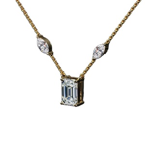 18K Yellow Gold Lab Grown Diamond <b>Emerald</b> Cut <b>Pendant</b> Necklace | Luxury Large Rectangle Diamond with Marquise Accents | Elegant - Product Image 4
