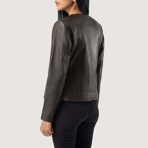 Chaqueta de cuero marrón sin cuello, cortavientos, de cuero genuino, con cierre de cremallera, cuello extendido, acabado sólido - Product Image 3