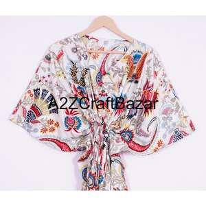 Robe Kaftan en Coton pour Femme avec Jupe Imprimée à la Main, Vêtement de Nuit d'Été, Kaftan Court et Élément de Mode Simple - Product Image 2