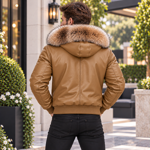 <b>Men's</b> Genuine Leather Bomber <b>Jacket</b> Fox Fur Hood Breathable Plaid Pattern <b>Summer</b> Biker Coat Premium Fashion Zipper Closure - Product Image 4