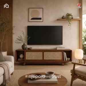 Meuble TV en bois de mahogany massif de style Japandi, console de divertissement moderne pour salon contemporain - Product Image 2