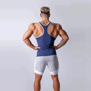2026 Trendy <b>Men's</b> Blue Sleeveless Tank Top Solid Color Knitted Breathable Casual Fit Workout <b>Vest</b> <b>White</b> Trim O-Neck - Product Image 2