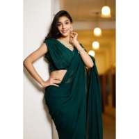 Sari indien en georgette pour femme adulte Inayaat, taille XS, pour mariage et soirée, vert avec sequins, cousu, en stock, Rajasthan, échantillon en 7 jours