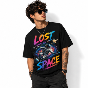 Camiseta Negra para Hombre con Estampado de Astronauta del Espacio Perdido, Manga Corta, Cuello Redondo, Corte Regular, Informal, 100% Algodón Jersey Transpirable - Product Image 2