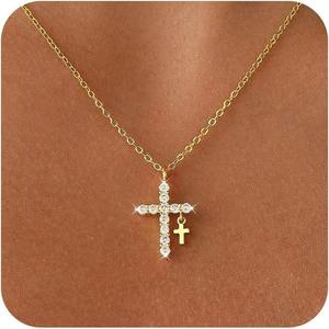 Collier Croix Plaqué Or 14K AMBER JEWELS T-3039 avec Accents de Diamants Taille Brillant, Style Religieux, Bijoux Unisexe Certifiés IGI - Product Image 4