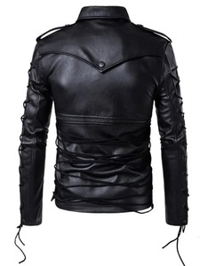<b>Slim</b> <b>Fit</b> Black Biker Leather Lace up <b>Jacket</b> - Product Image 2