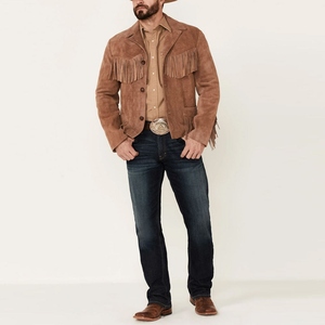 Premium Brown Genuine <b>Suede</b> Leather <b>Men</b> Fringe <b>Jacket</b> Retro Turn Down Collar Cowboy Style Wholesale Customization Available - Product Image 4