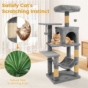 <b>Light</b> Gray 44\" Multi-Level Cat <b>Tree</b> Indoor Cats Furniture with Spacious Top Perch 2 Door Condo Hammock - Product Image 3