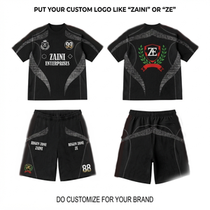 ZAINI 280 GSM Premium Polyester Interlock Men's <b>T</b> <b>Shirt</b> and Short Set <b>Black</b> Panel Custom Embossed Logo Print Summer - Product Image 1