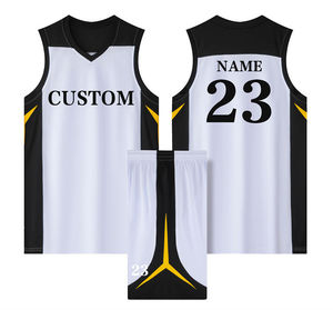 Ensemble de maillots de basket-ball unisexes personnalisés Blanc Noir Jaune Col en V Taille entièrement élastique Évacuation de l'humidité Impression numérique Respirant 100% - Product Image 1