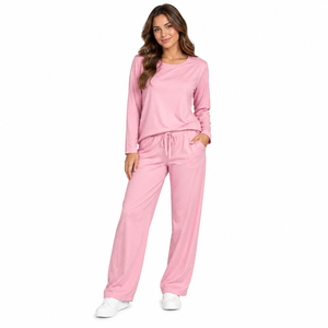 Conjunto de Pijama de Manga Larga Rosa para Mujer, Algodón Jersey Suave, Ropa de Dormir Informal, Pantalones Largos con Cordón, Top de Cuello Redondo - Product Image 1