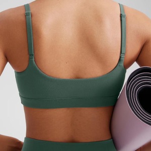Women Seamless Square Neck Sports Bra <b>Spaghetti</b> Strap Medium Support Yoga Solid Green Stretch Fabric - Product Image 6