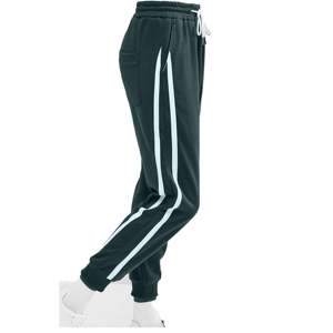 Pantalon de jogging noir pour femme avec rayures blanches, taille élastique, matière polaire, longueur intégrale, poches extensibles, style toutes saisons - Product Image 6