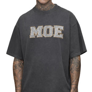 Camisetas de algodón lavado para hombre con logo de diamantes de imitación estampado frontal, corte relajado, cuello redondo, estilo streetwear, para pedidos al por mayor - Product Image 1