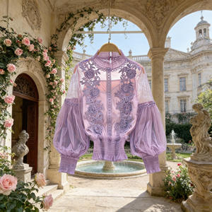 Vente flash sur Temu : chemisier chic pour femme en dentelle violette brodée, col haut, manches bouffantes, top transparent. - Product Image 3