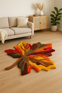 Tapis en laine abstrait moderne de luxe, tufté à la main, motif feuille jaune et rouge, tailles personnalisables, lavable pour la maison et les pique-niques - Product Image 1