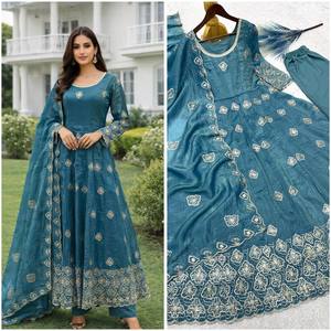 Teal Blue Embroidered Anarkali <b>Kurta</b> Palazzo Dupatta Set <b>Indian</b> Ethnic Wear - Product Image 3