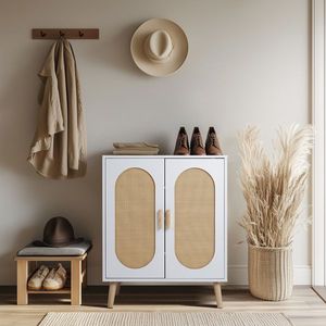 Moderno Armadio Verticale per Scarpe a 2 Ante in Truciolato e Rattan Sintetico, Struttura Bianca, Superficie in Rattan Naturale, Piedini Alti Dorati - Product Image 5