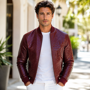 Blouson Bomber en Cuir Gaufré Bordeaux Respirant pour Homme avec Fermeture Éclair Premium et Coupe Moderne - Product Image 4