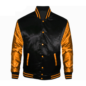 Veste universitaire en satin noir et or pour homme, coupe classique, col rabattu, fermeture boutonnée, vêtement décontracté pour l'automne - Product Image 1