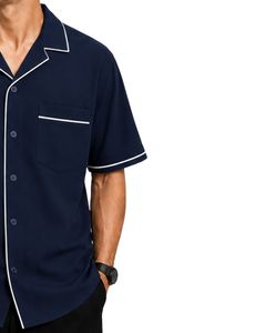 Chemise Homme Personnalisée Bleu Marine à Col Cubain avec Passepoil Blanc, Manches Courtes Décontractées, Style Oversize Streetwear Tendance pour l'Été - Product Image 4