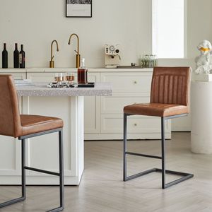 Vintage 26-Inch Counter Height Bar <b>Stool</b> Brown Faux <b>Leather</b> with Sturdy Black Metal Frame Vertical Tufted Backrest Footrest - Product Image 3