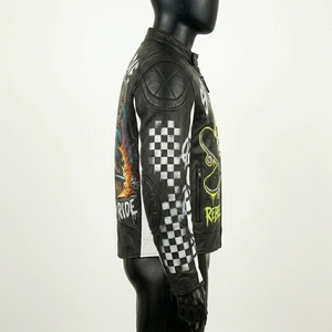Veste en cuir graphique Skate Destroy Punk Anarchy, style Grim Reaper Graffiti Streetwear Biker Racer, vente en gros - Product Image 3