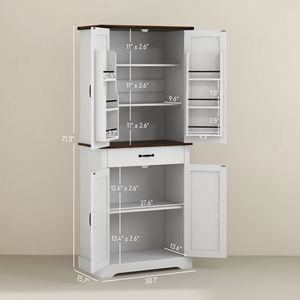 Armadio da Cucina Bianco Alto 180 cm con 6 Ripiani Regolabili e 2 Ante Scorrevoli, Dispensa Stile Rustico con Cassetto - Product Image 3