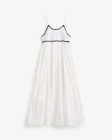Robe longue décontractée pour femme à manches courtes, col rond, tricotée, avec détails au crochet, coupe droite, taille naturelle, couleur unie