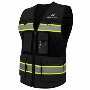 Gilet de sécurité noir réfléchissant haute visibilité en maille pour travaux de construction avec plusieurs poches et sangles réglables - Product Image 5