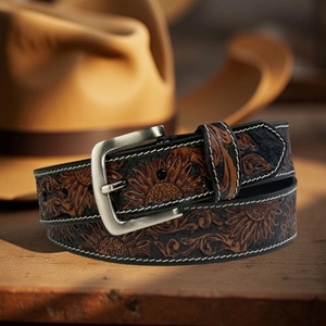 New Men's Casual Brown Western <b>Leather</b> <b>Tooling</b> Belt with Floral Hand Carving Heavy Duty Antique Brass Designer Metal Pin Buckle - Product Image 4