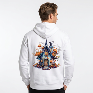 Sweat à capuche blanc pour homme, imprimé château d'Halloween, en coton, décontracté, coupe classique, logo sur le devant, poche, 350g, fabriqué au Bangladesh - Product Image 4