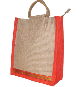 Jute Shopping <b>Bag</b> with Red Border and Zari Trim Small Size Rope Handle Shoulder Strap Supermarket Use - Product Image 4