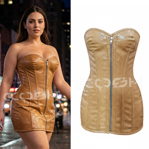 ขายส่งชุดมินิเดรสคอร์เซ็ท PVC สีทองมีซิปด้านหน้าไม่มีสายหนังบอดี้คอนปาร์ตี้แวร์คลับแวร์ชุดแฟชั่นสตรี - Product Image 6