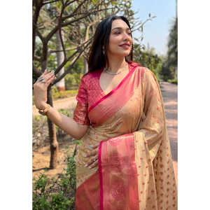 Sari de Seda Chickoo Kanchipuram de Elite Weaves, Chal y Bufanda Tradicional Tejido con Hilo Zari - Product Image 2